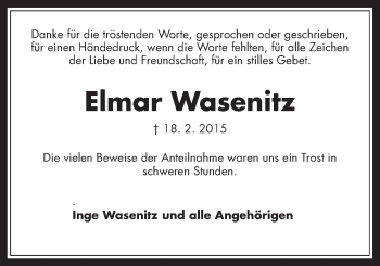 Traueranzeige von Elmar Wasenitz von Gießener Allgemeine, Alsfelder Allgemeine