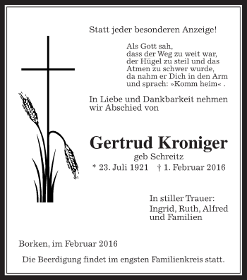 Traueranzeige von Gertrud Kroniger von Wetterauer Zeitung, Wetterauer Zeitung