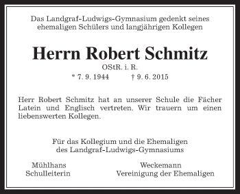 Traueranzeige von Robert Schmitz von Gießener Allgemeine, Alsfelder Allgemeine