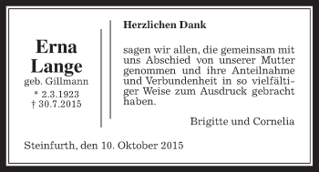 Traueranzeige von Erna Lange von Wetterauer Zeitung, Wetterauer Zeitung
