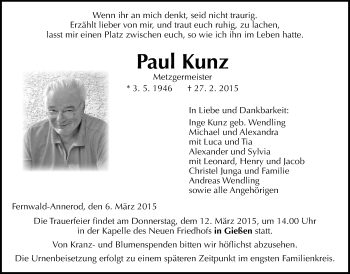 Traueranzeige von Paul Kunz von Gießener Allgemeine, Alsfelder Allgemeine