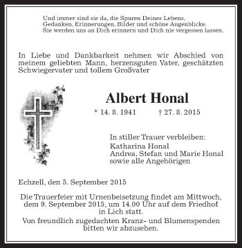 Traueranzeige von Albert Honal von Wetterauer Zeitung, Wetterauer Zeitung