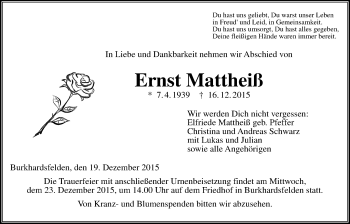 Traueranzeige von Ernst Mattheiß von Gießener Allgemeine, Alsfelder Allgemeine