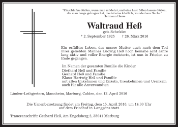 Traueranzeige von Waltraud Heß von Gießener Allgemeine, Alsfelder Allgemeine