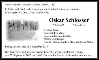 Traueranzeige von Oskar Schlosser von Licher Wochenblatt, Licher Wochenblatt, Licher Wochenblatt