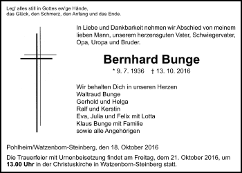 Traueranzeige von Bernhard Bunge von Gießener Allgemeine, Alsfelder Allgemeine
