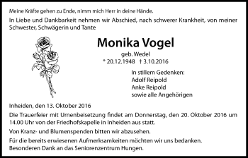 Traueranzeige von Monika Vogel von Licher Wochenblatt, Licher Wochenblatt, Licher Wochenblatt