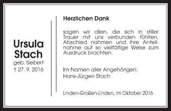 Traueranzeige von Ursula Stach von Gießener Allgemeine, Alsfelder Allgemeine