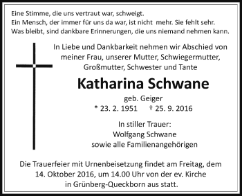 Traueranzeige von Katharina Schwane von Gießener Allgemeine, Alsfelder Allgemeine