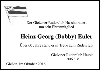 Traueranzeige von Heinz Georg Euler von Gießener Allgemeine, Alsfelder Allgemeine