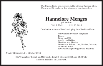 Traueranzeige von Hannelore Menges von Gießener Allgemeine, Alsfelder Allgemeine