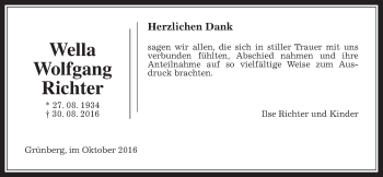 Traueranzeige von Wolfgang Richter von Heimatzeitung Grünberg + Laubach, Laubacher Anzeiger