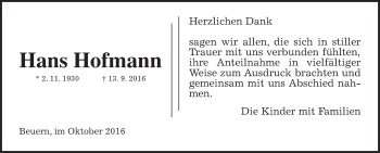 Traueranzeige von Hans Hofmann von Gießener Allgemeine, Alsfelder Allgemeine