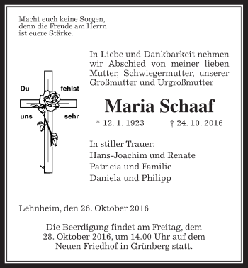 Traueranzeige von Maria Schaaf von Gießener Allgemeine, Alsfelder Allgemeine