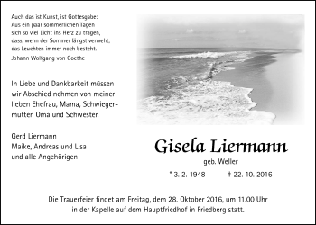 Traueranzeige von Gisela Liermann von Gießener Allgemeine, Alsfelder Allgemeine, Wetterauer Zeitung, Wetterauer Zeitung