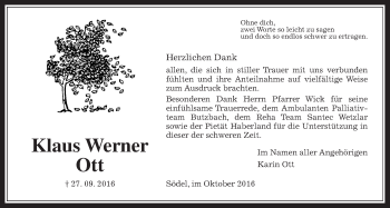 Traueranzeige von Klaus Werner Ott von Wetterauer Zeitung, Wetterauer Zeitung