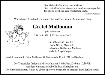 Traueranzeige von Gretel Mallmann von Wetterauer Zeitung, Wetterauer Zeitung