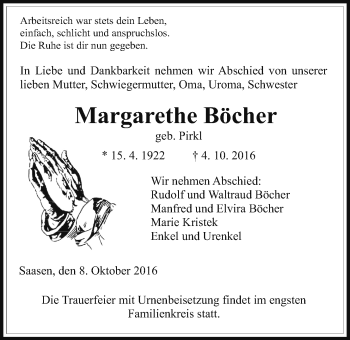 Traueranzeige von Margarethe Böcher von Gießener Allgemeine, Alsfelder Allgemeine