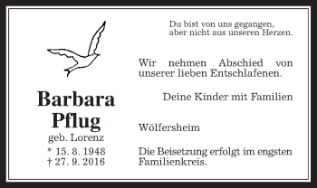 Traueranzeige von Barbara Pflug von Wetterauer Zeitung, Wetterauer Zeitung