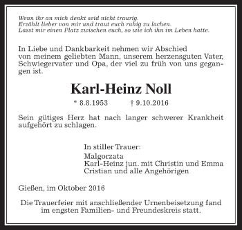 Traueranzeige von Karl-Heinz Noll von Gießener Allgemeine, Alsfelder Allgemeine