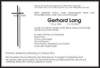 Traueranzeige von Gerhard Lang von Pohlheimer Nachrichten