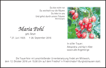 Traueranzeige von Maria Pohl von Wetterauer Zeitung, Wetterauer Zeitung