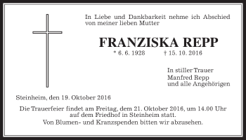 Traueranzeige von Franziska Repp von Gießener Allgemeine, Alsfelder Allgemeine