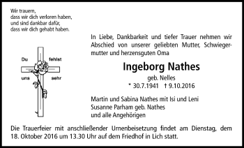 Traueranzeige von Ingeborg Nathes von Licher Wochenblatt, Licher Wochenblatt, Licher Wochenblatt