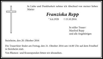 Traueranzeige von Franziska Repp von Licher Wochenblatt, Licher Wochenblatt, Licher Wochenblatt