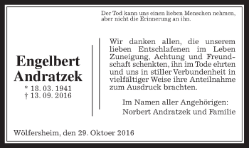 Traueranzeige von Engelbert Andratzek von Wetterauer Zeitung, Wetterauer Zeitung