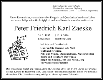 Traueranzeige von Peter Friedrich Karl Zaeske von Alsfelder Allgemeine
