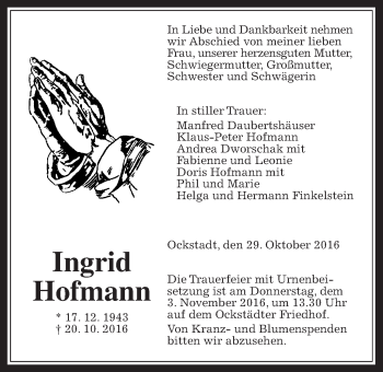 Traueranzeige von Ingrid Hofmann von Wetterauer Zeitung, Wetterauer Zeitung