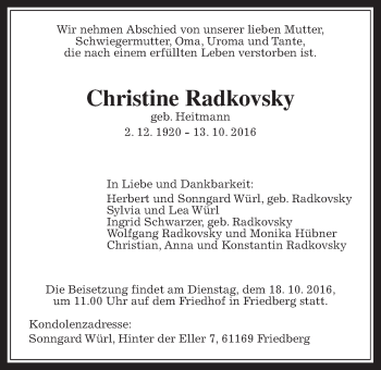 Traueranzeige von Christine Radkovsky von Wetterauer Zeitung, Wetterauer Zeitung