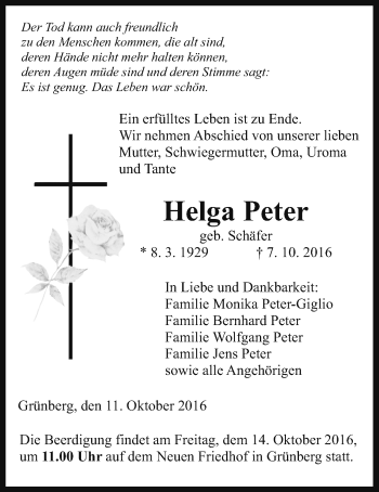Traueranzeige von Helga Peter von Gießener Allgemeine, Alsfelder Allgemeine