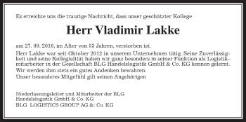 Traueranzeige von Vladimir Lakke von Gießener Allgemeine, Alsfelder Allgemeine