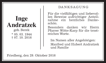 Traueranzeige von Inge Andratzek von Wetterauer Zeitung, Wetterauer Zeitung