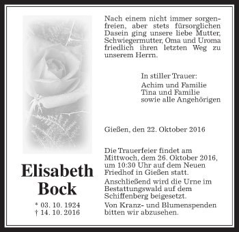 Traueranzeige von Elisabeth Bock von Gießener Allgemeine, Alsfelder Allgemeine