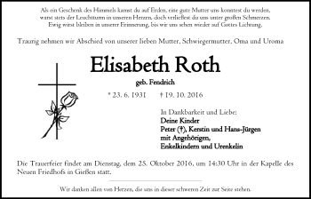 Traueranzeige von Elisabeth Roth von Gießener Allgemeine, Alsfelder Allgemeine