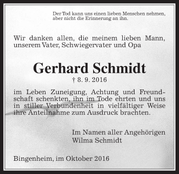Traueranzeige von Gerhard Schmidt von Wetterauer Zeitung, Wetterauer Zeitung