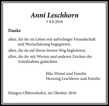 Traueranzeige von Anni Leschhorn von Licher Wochenblatt, Licher Wochenblatt, Licher Wochenblatt