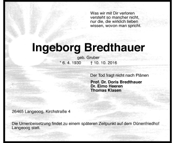 Traueranzeige von Ingeborg Bredthauer von Wetterauer Zeitung, Wetterauer Zeitung