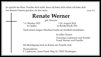 Traueranzeige von Renate Werner von Gießener Allgemeine, Alsfelder Allgemeine