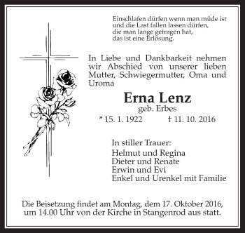 Traueranzeige von Erna Lenz von Gießener Allgemeine, Alsfelder Allgemeine, Alsfelder Allgemeine, Gießener Allgemeine, Alsfelder Allgemeine