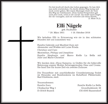 Traueranzeige von Elli Nägele von Gießener Allgemeine, Alsfelder Allgemeine