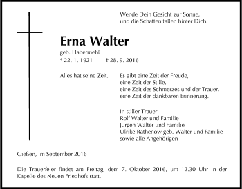 Traueranzeige von Erna Walter von Gießener Allgemeine, Alsfelder Allgemeine