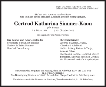 Traueranzeige von Gertrud Katharina Simmer-Kaun von Wetterauer Zeitung, Wetterauer Zeitung