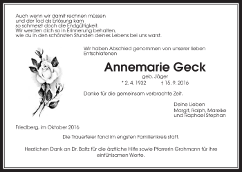 Traueranzeige von Annemarie Geck von Wetterauer Zeitung, Wetterauer Zeitung