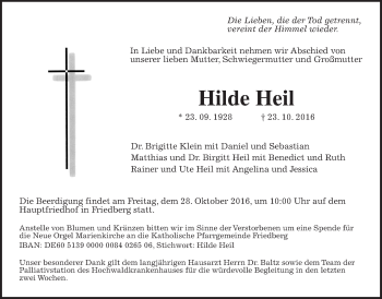 Traueranzeige von Hilde Heil von Wetterauer Zeitung, Wetterauer Zeitung