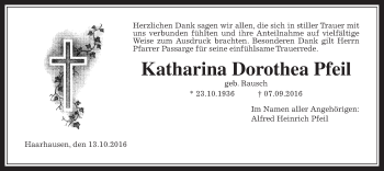 Traueranzeige von Katharina Dorothea Pfeil von Alsfelder Allgemeine