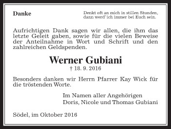 Traueranzeige von Werner Gubiani von Wetterauer Zeitung, Wetterauer Zeitung